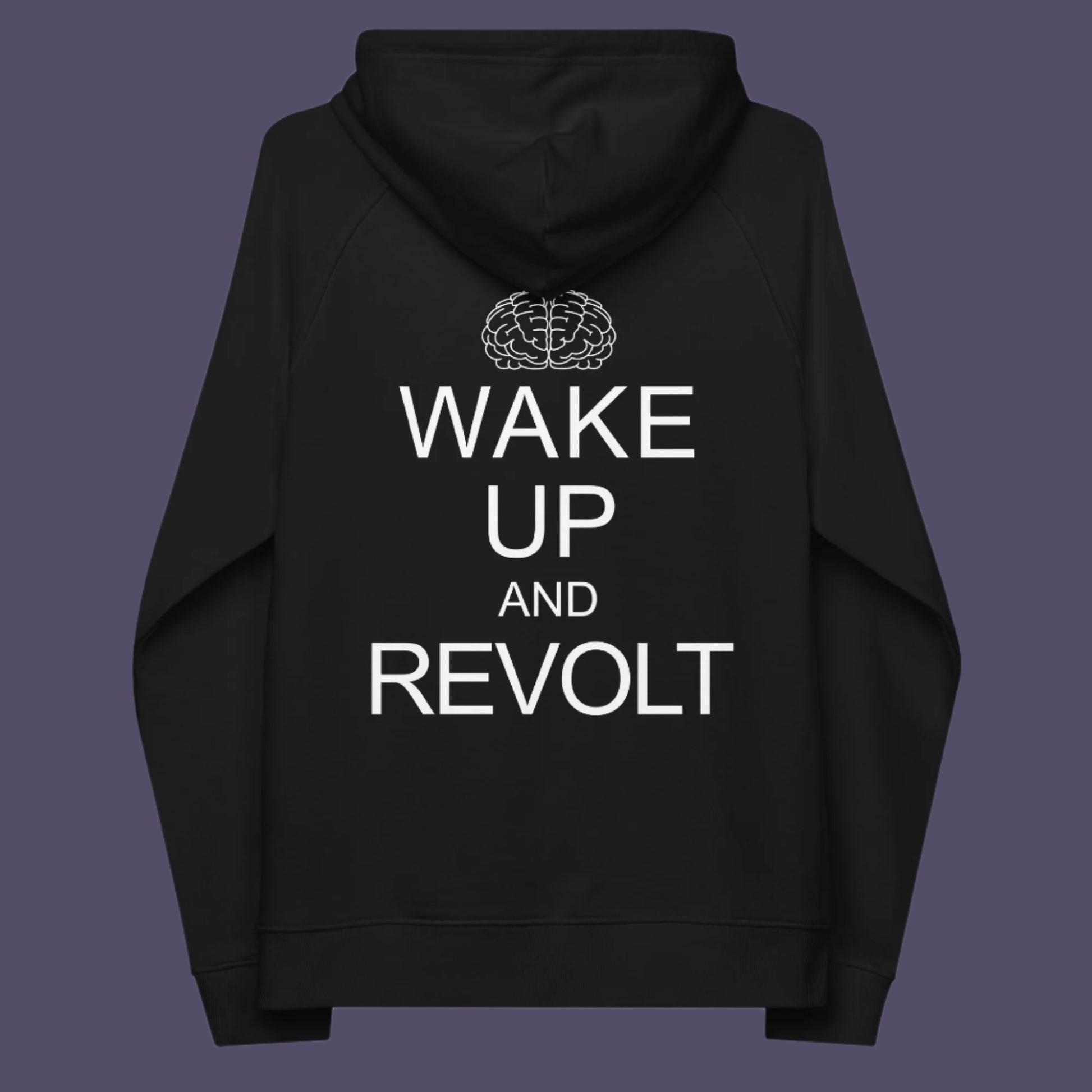 Black hoodie back. This satirical 'stay calm' hoodie suggests we have been calm too long and need of waking up and fighting for our right instead. Keeping calm got us into this mess, it's time to wake up. Comfortable and practical. It's extra soft and has a convenient front pouch pocket. Made from organic cotton and recycled polyester, this anti-establishment hoodie is a great eco-friendly choice.
