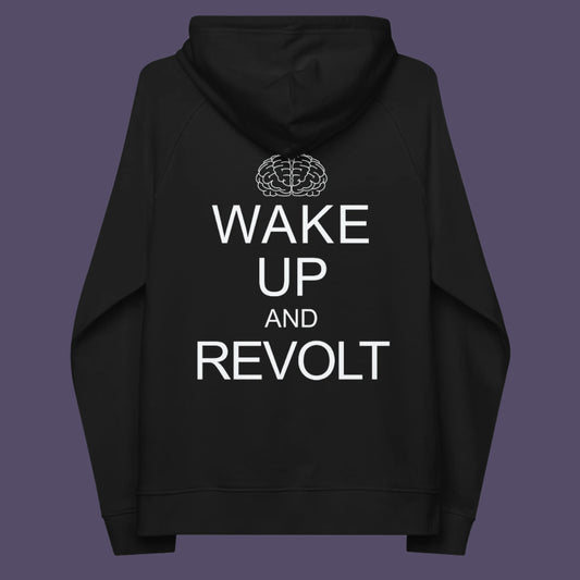 Black hoodie back. This satirical 'stay calm' hoodie suggests we have been calm too long and need of waking up and fighting for our right instead. Keeping calm got us into this mess, it's time to wake up. Comfortable and practical. It's extra soft and has a convenient front pouch pocket. Made from organic cotton and recycled polyester, this anti-establishment hoodie is a great eco-friendly choice.