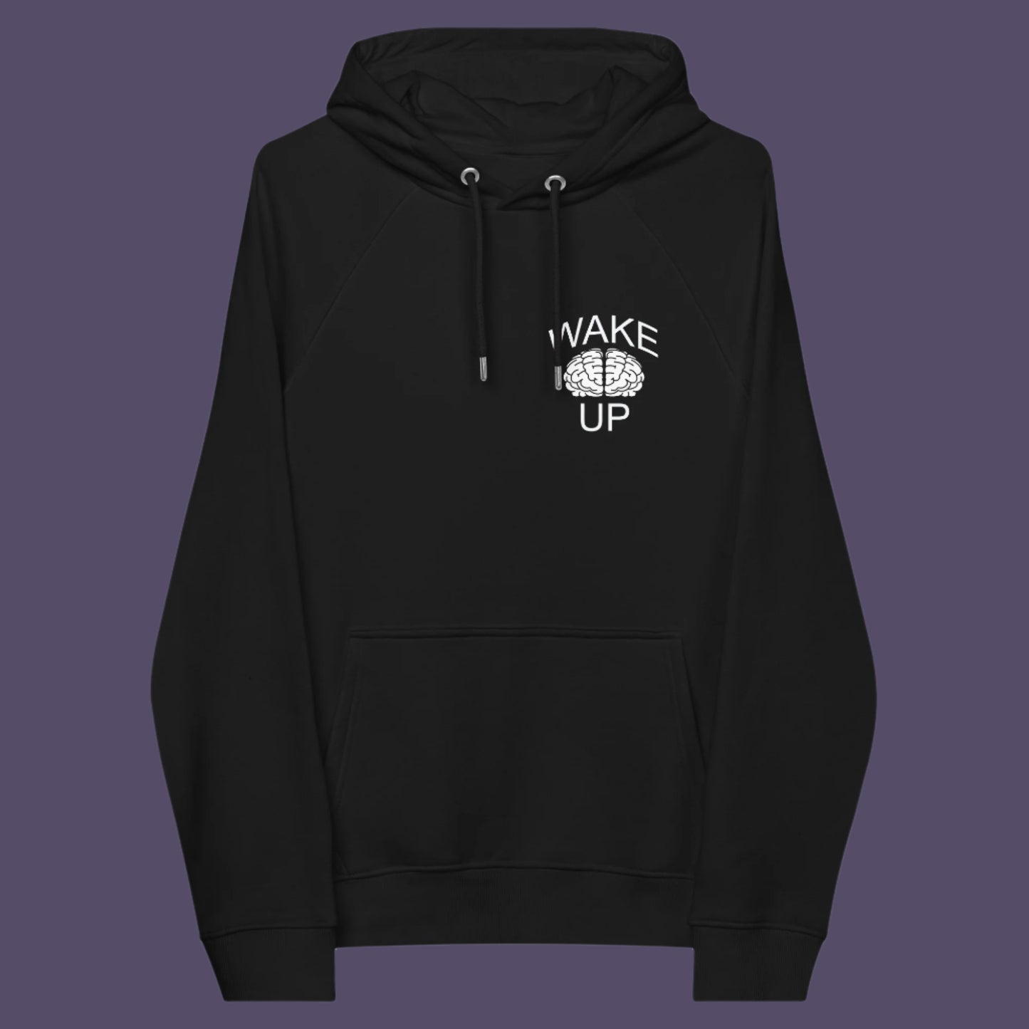 Black hoodie front. This satirical 'stay calm' hoodie suggests we have been calm too long and need of waking up and fighting for our right instead. Keeping calm got us into this mess, it's time to wake up. Comfortable and practical. It's extra soft and has a convenient front pouch pocket. Made from organic cotton and recycled polyester, this anti-establishment hoodie is a great eco-friendly choice.