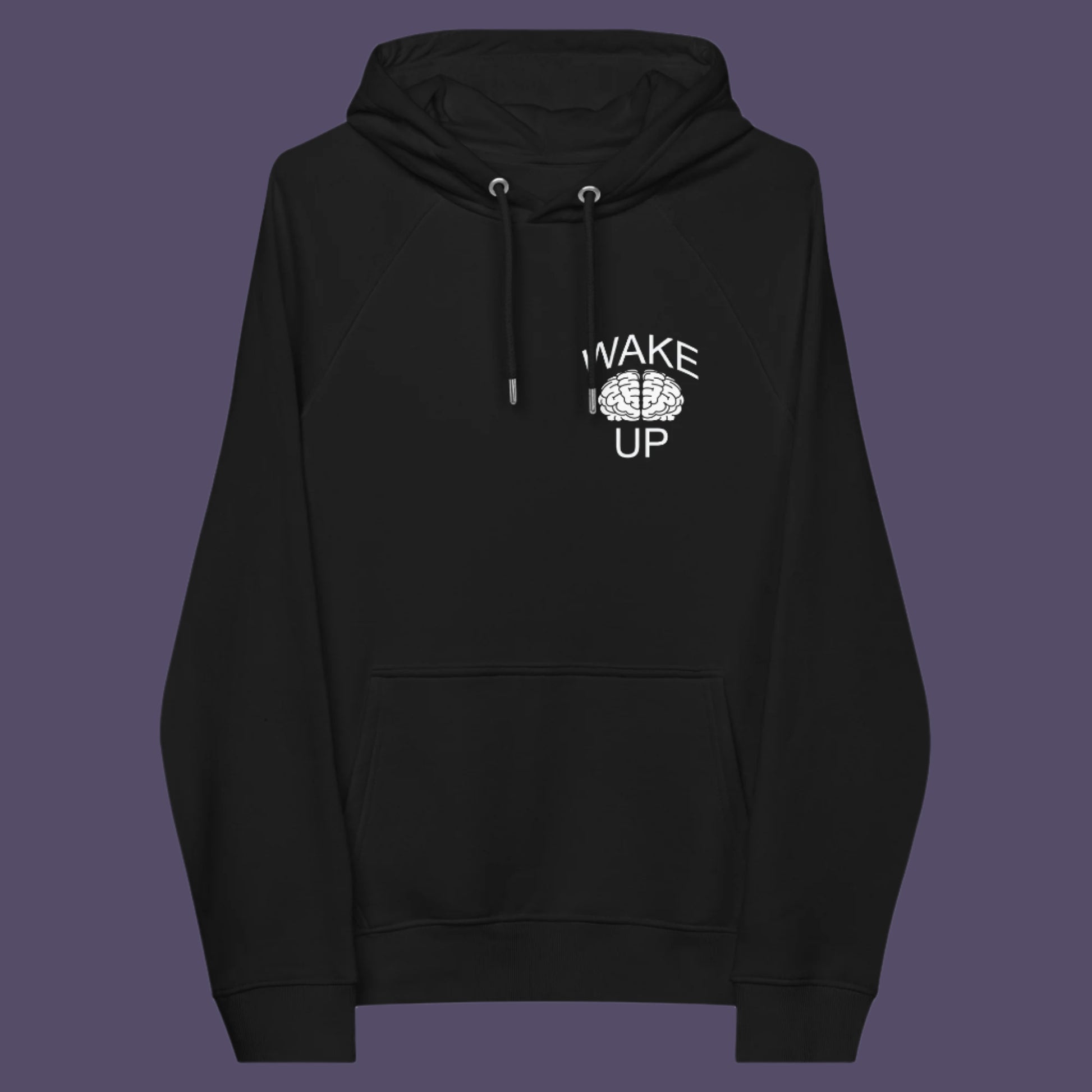 Black hoodie front. This satirical 'stay calm' hoodie suggests we have been calm too long and need of waking up and fighting for our right instead. Keeping calm got us into this mess, it's time to wake up. Comfortable and practical. It's extra soft and has a convenient front pouch pocket. Made from organic cotton and recycled polyester, this anti-establishment hoodie is a great eco-friendly choice.