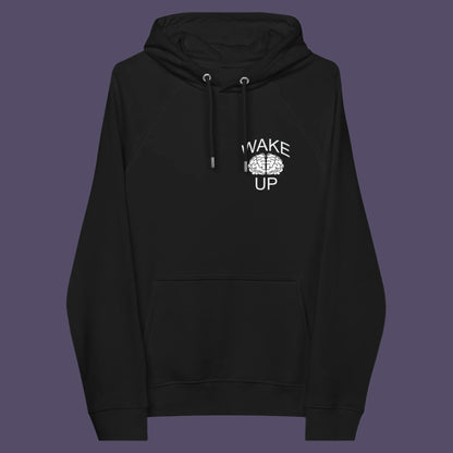 Black hoodie front. This satirical 'stay calm' hoodie suggests we have been calm too long and need of waking up and fighting for our right instead. Keeping calm got us into this mess, it's time to wake up. Comfortable and practical. It's extra soft and has a convenient front pouch pocket. Made from organic cotton and recycled polyester, this anti-establishment hoodie is a great eco-friendly choice.