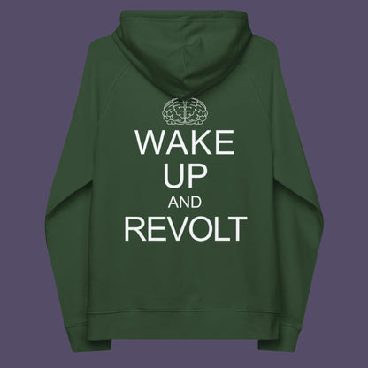 Bottle green hoodie back. This satirical 'stay calm' hoodie suggests we have been calm too long and need of waking up and fighting for our right instead. Keeping calm got us into this mess, it's time to wake up. Comfortable and practical. It's extra soft and has a convenient front pouch pocket. Made from organic cotton and recycled polyester, this anti-establishment hoodie is a great eco-friendly choice.