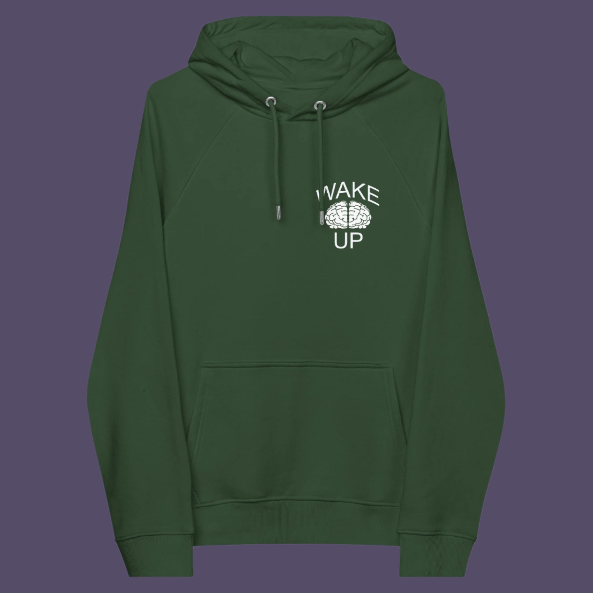 Bottle green hoodie front. This satirical 'stay calm' hoodie suggests we have been calm too long and need of waking up and fighting for our right instead. Keeping calm got us into this mess, it's time to wake up. Comfortable and practical. It's extra soft and has a convenient front pouch pocket. Made from organic cotton and recycled polyester, this anti-establishment hoodie is a great eco-friendly choice.