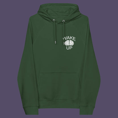 Bottle green hoodie front. This satirical 'stay calm' hoodie suggests we have been calm too long and need of waking up and fighting for our right instead. Keeping calm got us into this mess, it's time to wake up. Comfortable and practical. It's extra soft and has a convenient front pouch pocket. Made from organic cotton and recycled polyester, this anti-establishment hoodie is a great eco-friendly choice.