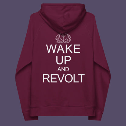 Burgundy hoodie back. This satirical 'stay calm' hoodie suggests we have been calm too long and need of waking up and fighting for our right instead. Keeping calm got us into this mess, it's time to wake up. Comfortable and practical. It's extra soft and has a convenient front pouch pocket. Made from organic cotton and recycled polyester, this anti-establishment hoodie is a great eco-friendly choice.