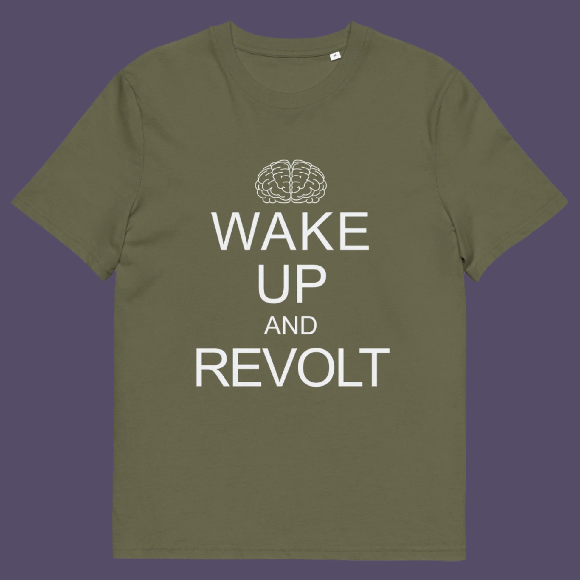 Khaki t-shirt.  This satirical 'stay calm' anti government t shirt suggests we have been calm too long and need of waking up and fighting for our right instead. Keeping calm got us into this mess, it's time to wake up. Made from 100% organic ring-spun cotton, this activist t shirt design is unisex, high-quality, super comfy, and best of all, eco-friendly.