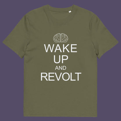 Khaki t-shirt.  This satirical 'stay calm' anti government t shirt suggests we have been calm too long and need of waking up and fighting for our right instead. Keeping calm got us into this mess, it's time to wake up. Made from 100% organic ring-spun cotton, this activist t shirt design is unisex, high-quality, super comfy, and best of all, eco-friendly.