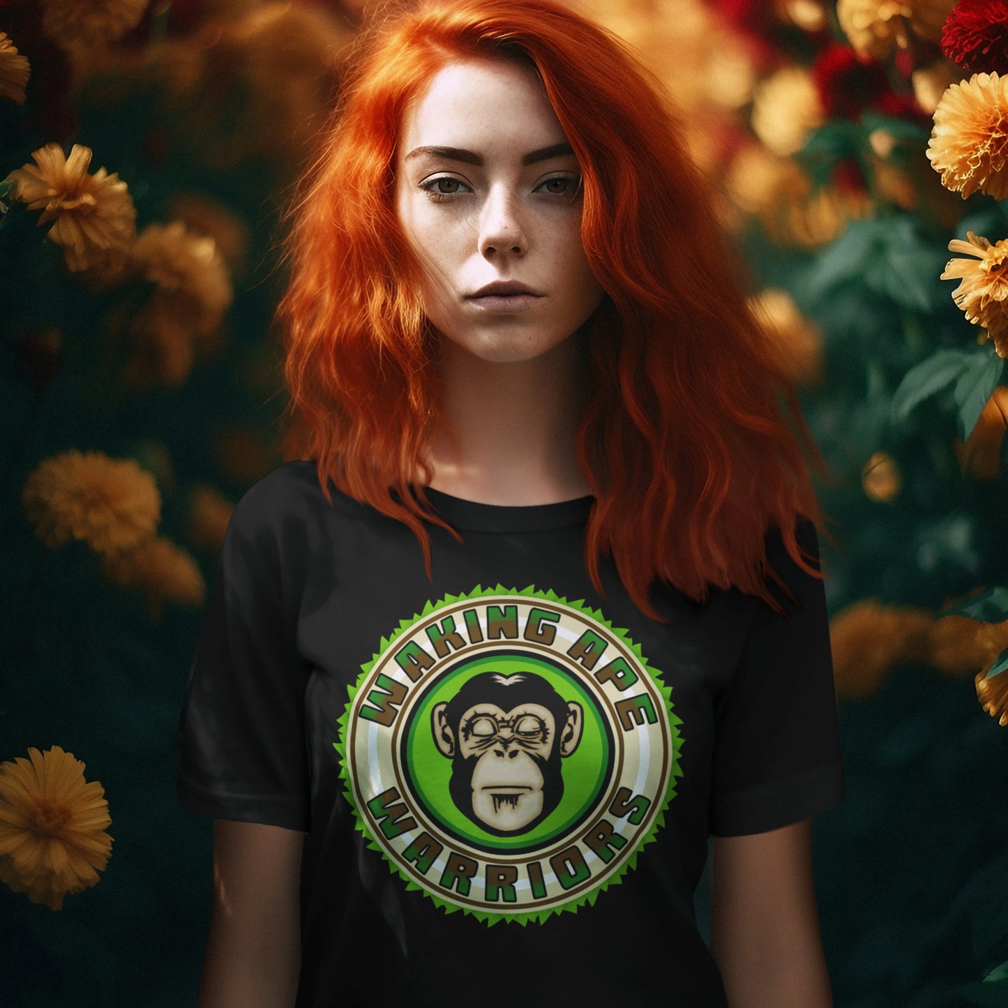 Person wearing a black t-shirt with a green and white logo and text, surrounded by flowers. The message that comes with this original save the planet t shirt design is one of resistance to concrete jungles, processed food and plastic people. Ideal for anyone with environmental concern or any doubts about an A.I take over. Awaken your inner primate. Made from 100% organic ring-spun cotton, this save the Earth t shirt is unisex, high-quality, super comfy, and best of all, eco-friendly.
