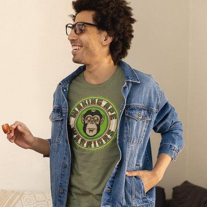 Man wearing a khaki t-shirt with a monkey graphic and denim jacket, holding a pipe. The message that comes with this original save the planet t shirt design is one of resistance to concrete jungles, processed food and plastic people. Ideal for anyone with environmental concern or any doubts about an A.I take over. Awaken your inner primate. Made from 100% organic ring-spun cotton, this save the Earth t shirt is unisex, high-quality, super comfy, and best of all, eco-friendly.