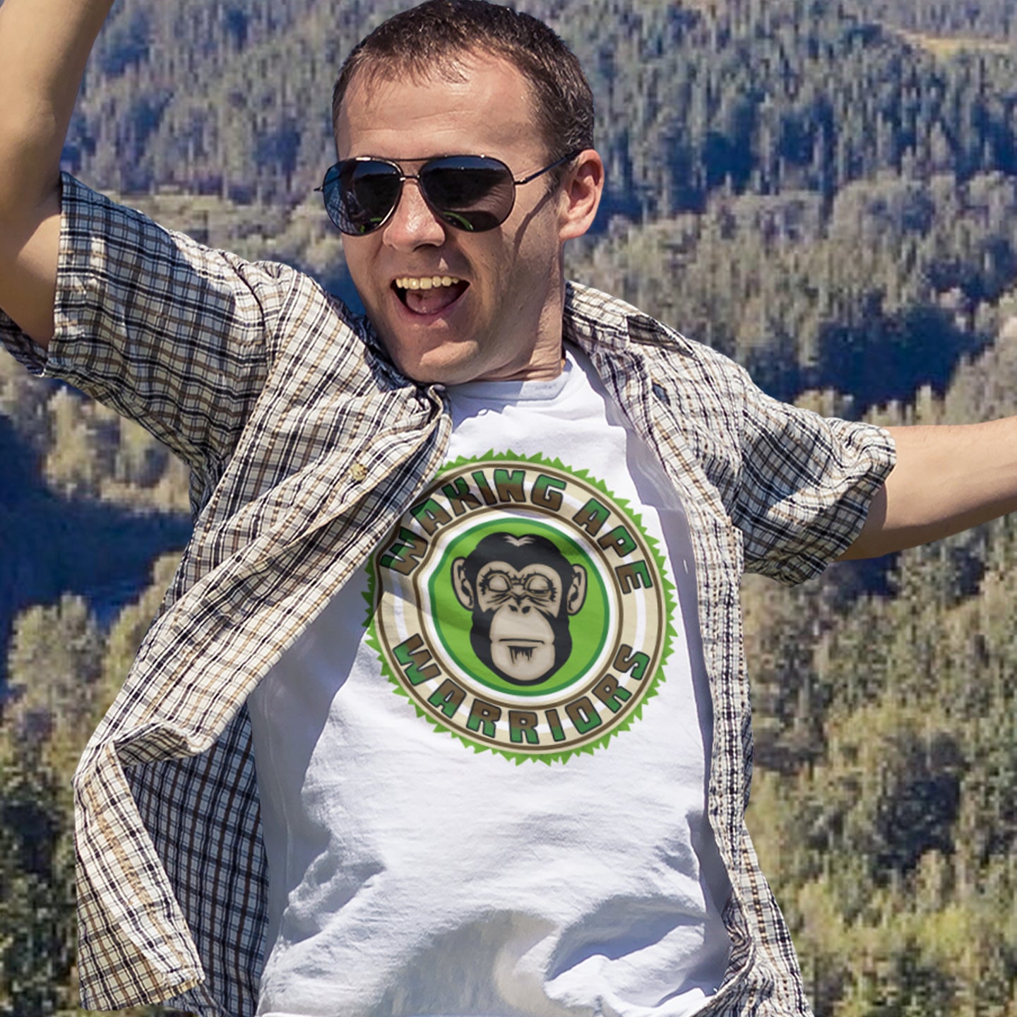 Man wearing sunglasses and a shirt with a monkey graphic in a forest setting. The message that comes with this original save the planet t shirt design is one of resistance to concrete jungles, processed food and plastic people. Ideal for anyone with environmental concern or any doubts about an A.I take over. Awaken your inner primate. Made from 100% organic ring-spun cotton, this save the Earth t shirt is unisex, high-quality, super comfy, and best of all, eco-friendly.