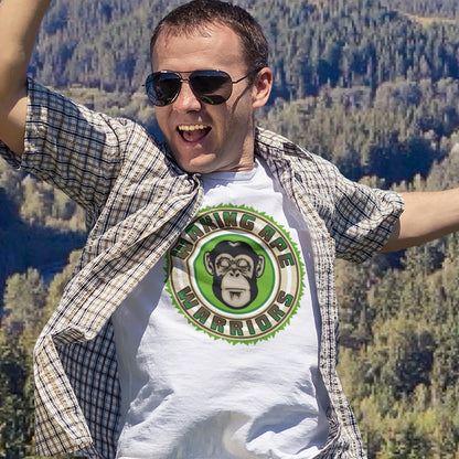 Man wearing sunglasses and a shirt with a monkey graphic in a forest setting. The message that comes with this original save the planet t shirt design is one of resistance to concrete jungles, processed food and plastic people. Ideal for anyone with environmental concern or any doubts about an A.I take over. Awaken your inner primate. Made from 100% organic ring-spun cotton, this save the Earth t shirt is unisex, high-quality, super comfy, and best of all, eco-friendly.