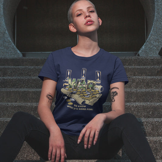 Person wearing a French navy blue t-shirt with graphic design sitting on steps. A satirical anti-war t-shirt suggesting we know what it's good for, money and land deeds for starters. Expose the big business of War with this unique design made for any anti-war demonstration. Made from 100% organic ring-spun cotton, this non conformist t shirt is unisex, high-quality, super comfy, and best of all, eco-friendly.