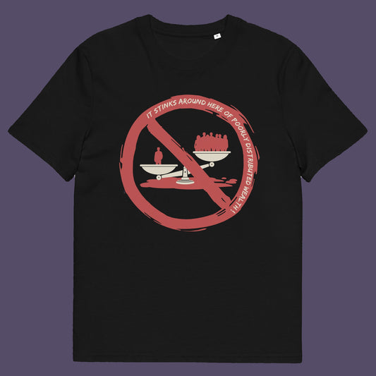 Black t shirt. A broken society t shirt expressing an inequality in wealth. A design for anyone who has lost faith in our system and feels surrounded by greed and corruption. If you have had enough of the few owning the most, show your disgust with this unique urban art design. Made from 100% organic ring-spun cotton, these social issues t shirts are unisex, high quality, super comfy, and best of all, eco-friendly.