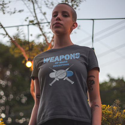 Girl standing outdoors. This anti drugs t shirt suggests an overuse of pharmaceutical drugs in the developed world. Are we being prescribed medication we don't need ? A very satirical view questioning the effects of capitalism on the health care pharmaceutical industry. Made from 100% organic ring-spun cotton, this counter culture t shirt is unisex, high quality, super comfy, and best of all, eco-friendly.