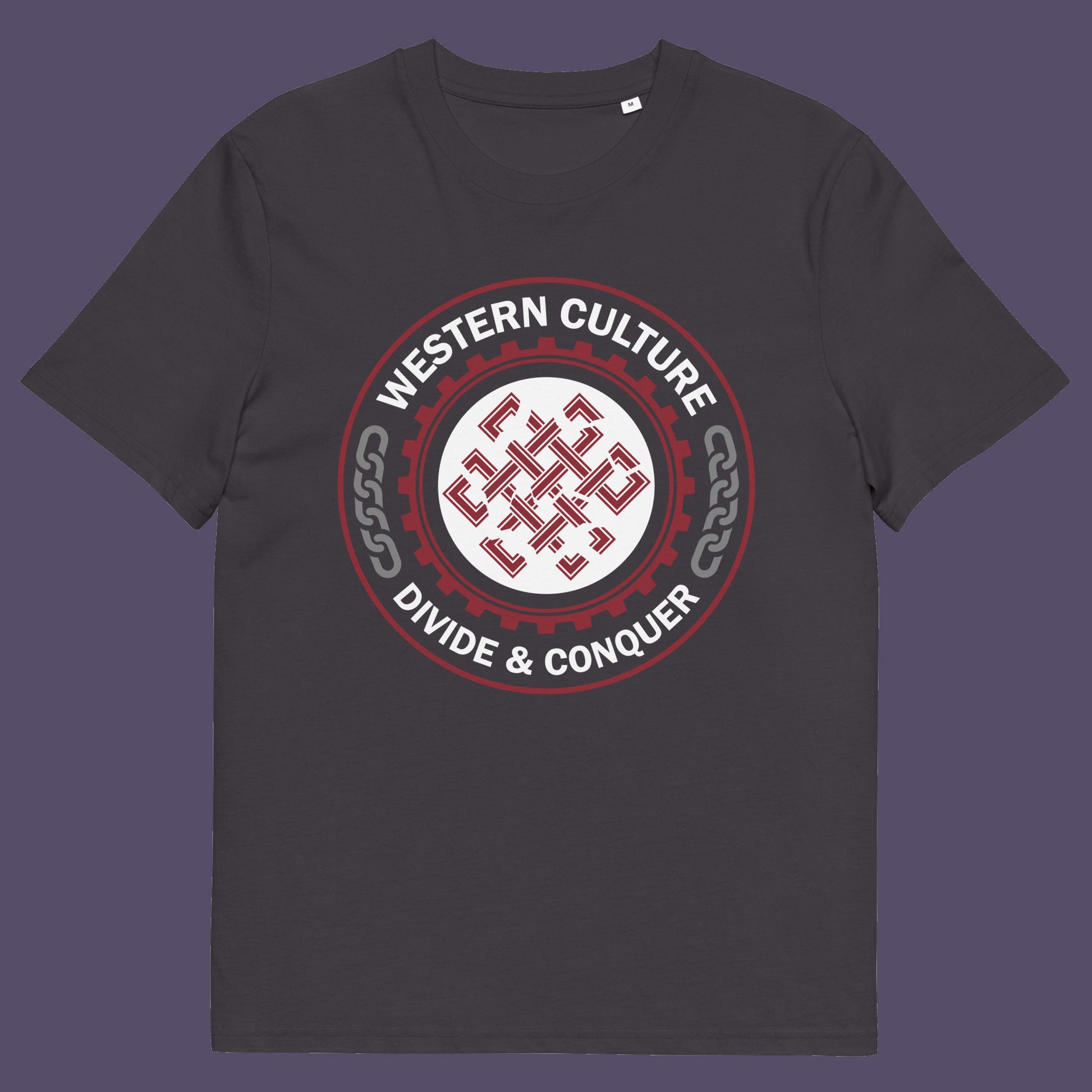 Anthracite t shirt. This counter culture t shirt questions the politics of western society. Let's drop the façade that western culture is more civilised and advanced. This design highlights a method of people management that has worked for the Western elite for centuries. Made from 100% organic ring-spun cotton, this broken society t shirt is unisex, high-quality, super comfy, and best of all, eco-friendly.