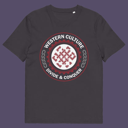 Anthracite t shirt. This counter culture t shirt questions the politics of western society. Let's drop the façade that western culture is more civilised and advanced. This design highlights a method of people management that has worked for the Western elite for centuries. Made from 100% organic ring-spun cotton, this broken society t shirt is unisex, high-quality, super comfy, and best of all, eco-friendly.