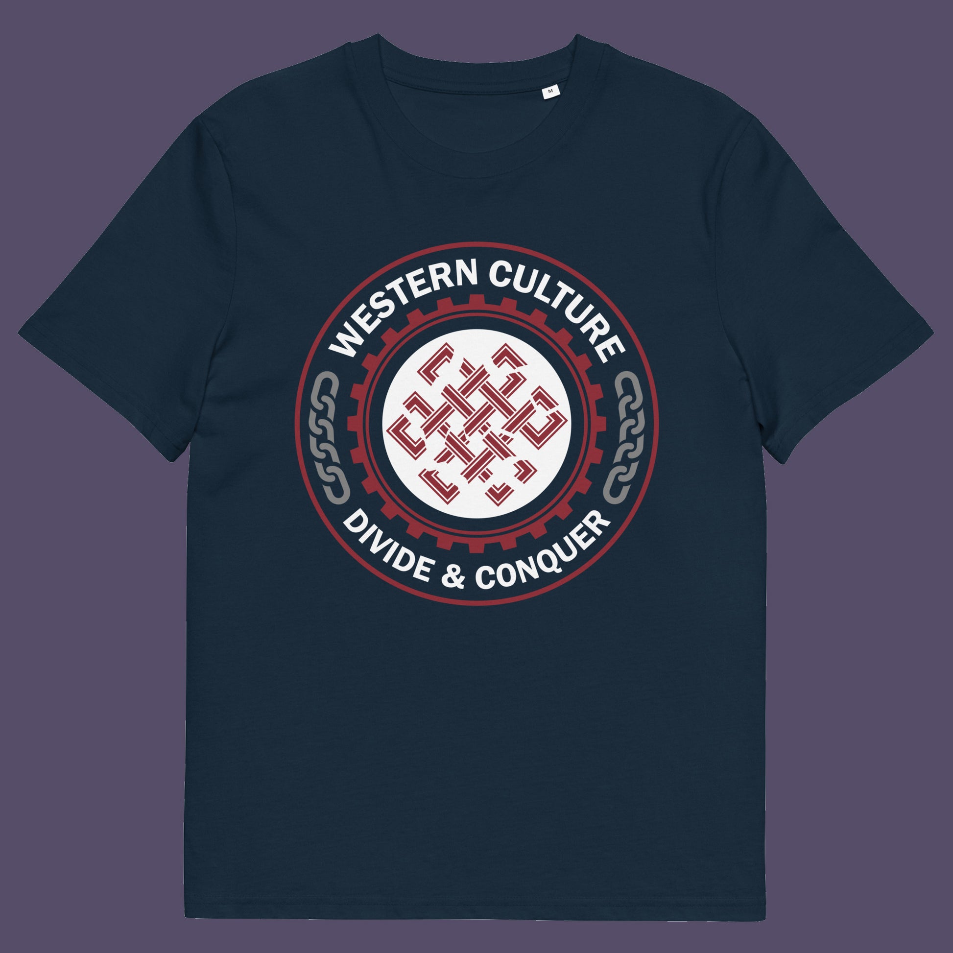 French navy t shirt. This counter culture t shirt questions the politics of western society. Let's drop the façade that western culture is more civilised and advanced. This design highlights a method of people management that has worked for the Western elite for centuries. Made from 100% organic ring-spun cotton, this broken society t shirt is unisex, high-quality, super comfy, and best of all, eco-friendly.