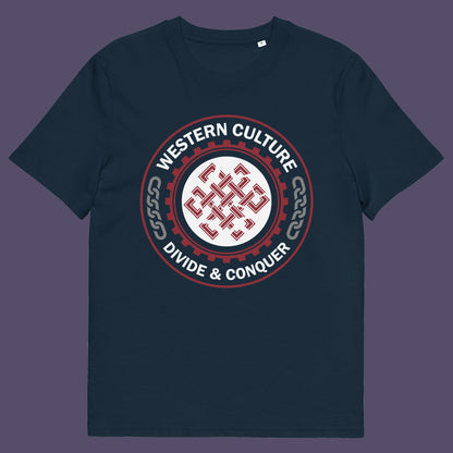 French navy t shirt. This counter culture t shirt questions the politics of western society. Let's drop the façade that western culture is more civilised and advanced. This design highlights a method of people management that has worked for the Western elite for centuries. Made from 100% organic ring-spun cotton, this broken society t shirt is unisex, high-quality, super comfy, and best of all, eco-friendly.