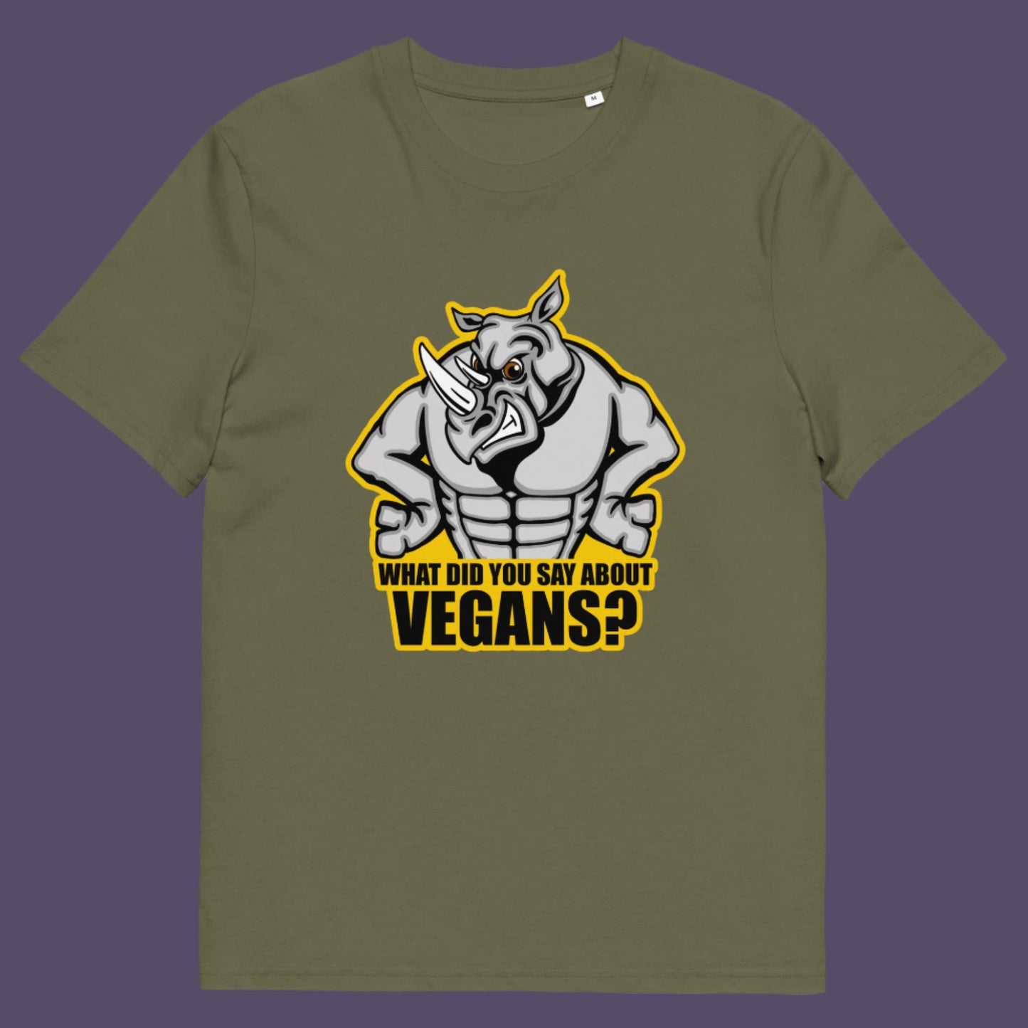 Khaki t-shirt. This vegan dairy free t-shirt design questions social awareness of a meat and dairy free diet. There is a misconception that most vegans are skinny or unhealthy. Just look at a rhino. Made from 100% organic ring-spun cotton, this meat free t shirt is unisex, high-quality, super comfy, and best of all, eco-friendly.