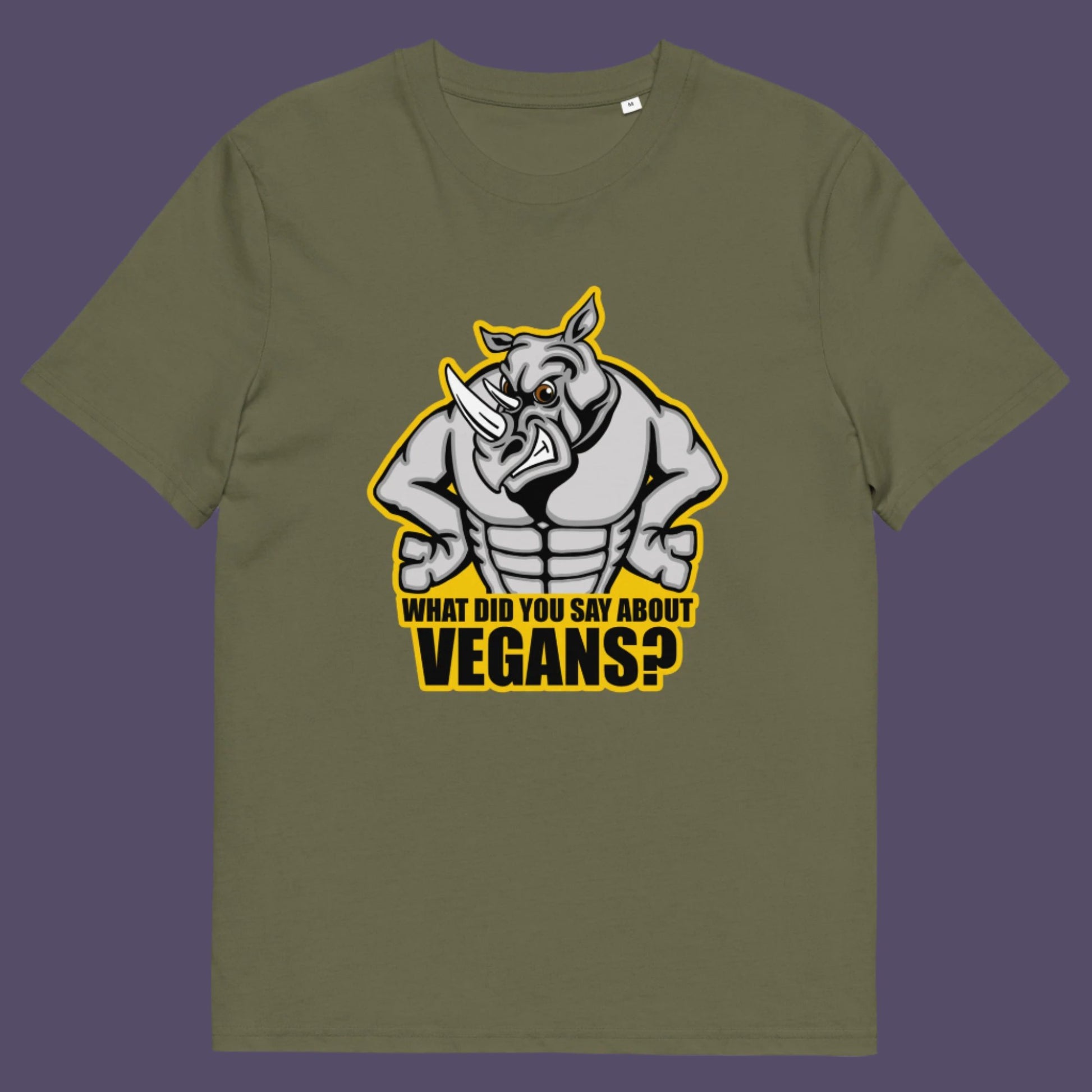 Khaki t-shirt. This vegan dairy free t-shirt design questions social awareness of a meat and dairy free diet. There is a misconception that most vegans are skinny or unhealthy. Just look at a rhino. Made from 100% organic ring-spun cotton, this meat free t shirt is unisex, high-quality, super comfy, and best of all, eco-friendly.