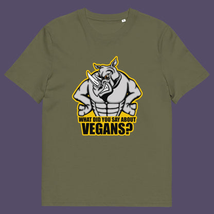Khaki t-shirt. This vegan dairy free t-shirt design questions social awareness of a meat and dairy free diet. There is a misconception that most vegans are skinny or unhealthy. Just look at a rhino. Made from 100% organic ring-spun cotton, this meat free t shirt is unisex, high-quality, super comfy, and best of all, eco-friendly.