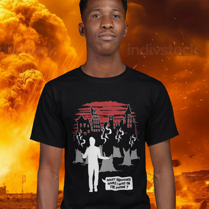 Person wearing a black t-shirt with a graphic design in front of an explosion background. This environmental concern t-shirt asks the question Is the mobile phone the ultimate distraction from the real issues going on in the World. Let's put down the phone and save the planet. Climate concern is not an app. Made from 100% organic ring-spun cotton, this social awareness &amp; environmental concern t-shirt is unisex, high-quality, super comfy, and best of all, eco-friendly.