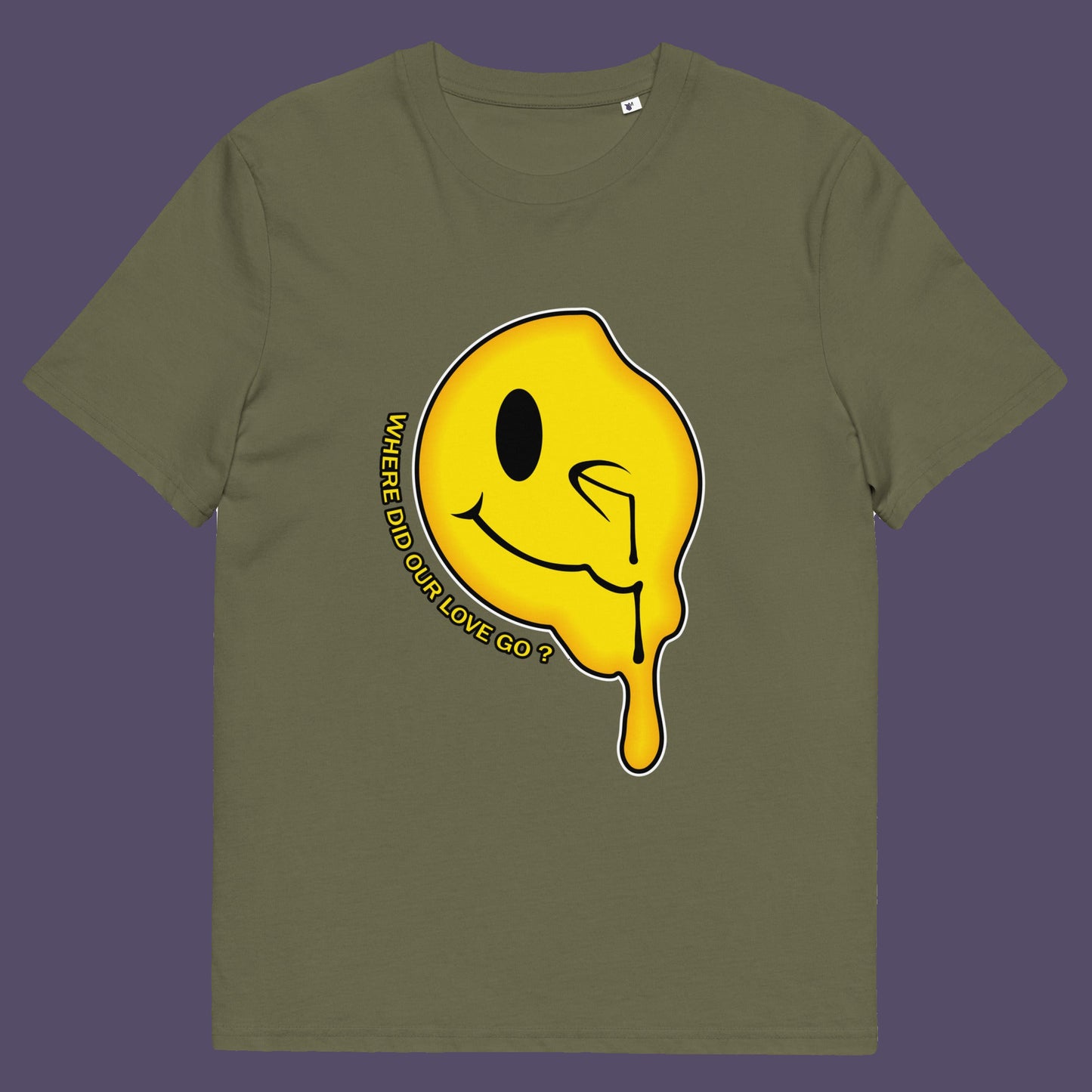 Khaki t-shirt with a yellow smiley face graphic and text on a purple background. A old skool acid house t-shirt. This design is a tribute to 90's house music and the love that was felt around the scene. What happened ? Made from 100% organic ring-spun cotton, this acid house t-shirt is unisex, high-quality, super comfy, and best of all, eco-friendly.