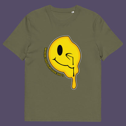 Khaki t-shirt with a yellow smiley face graphic and text on a purple background. A old skool acid house t-shirt. This design is a tribute to 90's house music and the love that was felt around the scene. What happened ? Made from 100% organic ring-spun cotton, this acid house t-shirt is unisex, high-quality, super comfy, and best of all, eco-friendly.