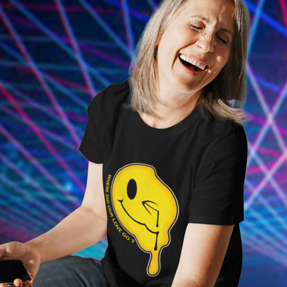 Person wearing a black t-shirt with a yellow smiley face design against a colourful, abstract background. An old skool 90's acid house t shirt. This design is a tribute to 90's house music and the love that was felt around the scene. What happened ? Made from 100% organic ring-spun cotton, this 90's acid house t shirt is unisex, high-quality, super comfy, and best of all, eco-friendly.