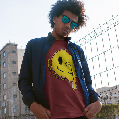 Person wearing a burgundy shirt with a yellow smiley face graphic and blue jacket, standing in front of a wire fence. An old skool 90's acid house t shirt. This design is a tribute to 90's house music and the love that was felt around the scene. What happened ? Made from 100% organic ring-spun cotton, this 90's acid house t shirt is unisex, high-quality, super comfy, and best of all, eco-friendly.