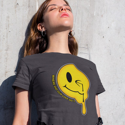 Person wearing an anthracite t-shirt with a yellow smiley face graphic and text against a concrete wall. A old skool acid house t-shirt. This design is a tribute to 90's house music and the love that was felt around the scene. What happened ? Made from 100% organic ring-spun cotton, this acid house t-shirt is unisex, high-quality, super comfy, and best of all, eco-friendly.