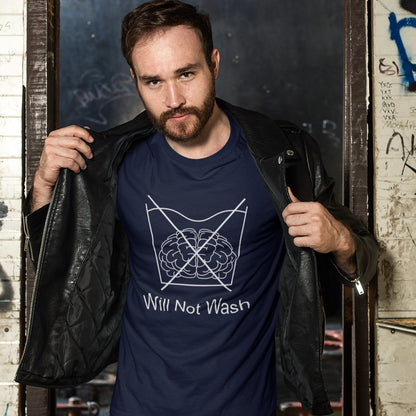 Man in French navy t shirt. A self worth t shirt promoting a strong mind and a resistance to brainwashing. this unique anti-establishment t-shirt design is a play on washing instructions and highlights the mass influence and indoctrination in modern society. Made from 100% organic ring-spun cotton, this clever slogan t shirt is unisex, high-quality, super comfy, and best of all, eco-friendly.