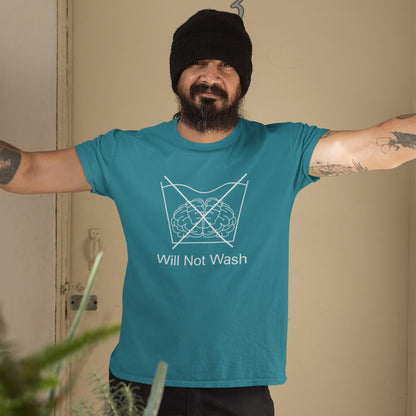Man standing in a hallway. A self worth t shirt promoting a strong mind and a resistance to brainwashing. this unique anti-establishment t-shirt design is a play on washing instructions and highlights the mass influence and indoctrination in modern society. Made from 100% organic ring-spun cotton, this clever slogan t shirt is unisex, high-quality, super comfy, and best of all, eco-friendly.