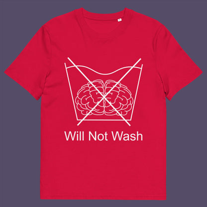 Red t-shirt. A self worth t shirt promoting a strong mind and a resistance to brainwashing. this unique anti-establishment t-shirt design is a play on washing instructions and highlights the mass influence and indoctrination in modern society. Made from 100% organic ring-spun cotton, this clever slogan t shirt is unisex, high-quality, super comfy, and best of all, eco-friendly.
