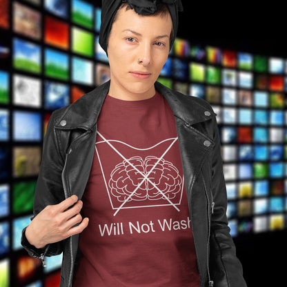 Person wearing a burgundy t-shirt with a brain graphic and text, standing in front of a colourful grid background. A self worth t shirt promoting a strong mind and a resistance to brainwashing. this unique anti-establishment t-shirt design is a play on washing instructions and highlights the mass influence and indoctrination in modern society. Made from 100% organic ring-spun cotton, this clever slogan t shirt is unisex, high-quality, super comfy, and best of all, eco-friendly.