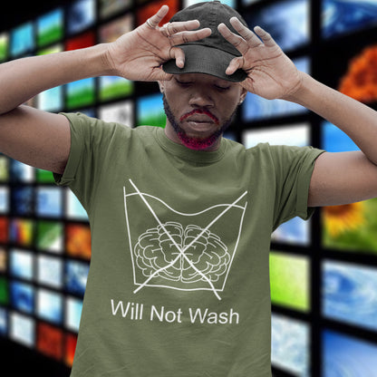 Person wearing a khaki t-shirt with a brain design and 'Will Not Wash' text, against a colourful background. A self worth t shirt promoting a strong mind and a resistance to brainwashing. this unique anti-establishment t-shirt design is a play on washing instructions and highlights the mass influence and indoctrination in modern society. Made from 100% organic ring-spun cotton, this clever slogan t shirt is unisex, high-quality, super comfy, and best of all, eco-friendly.