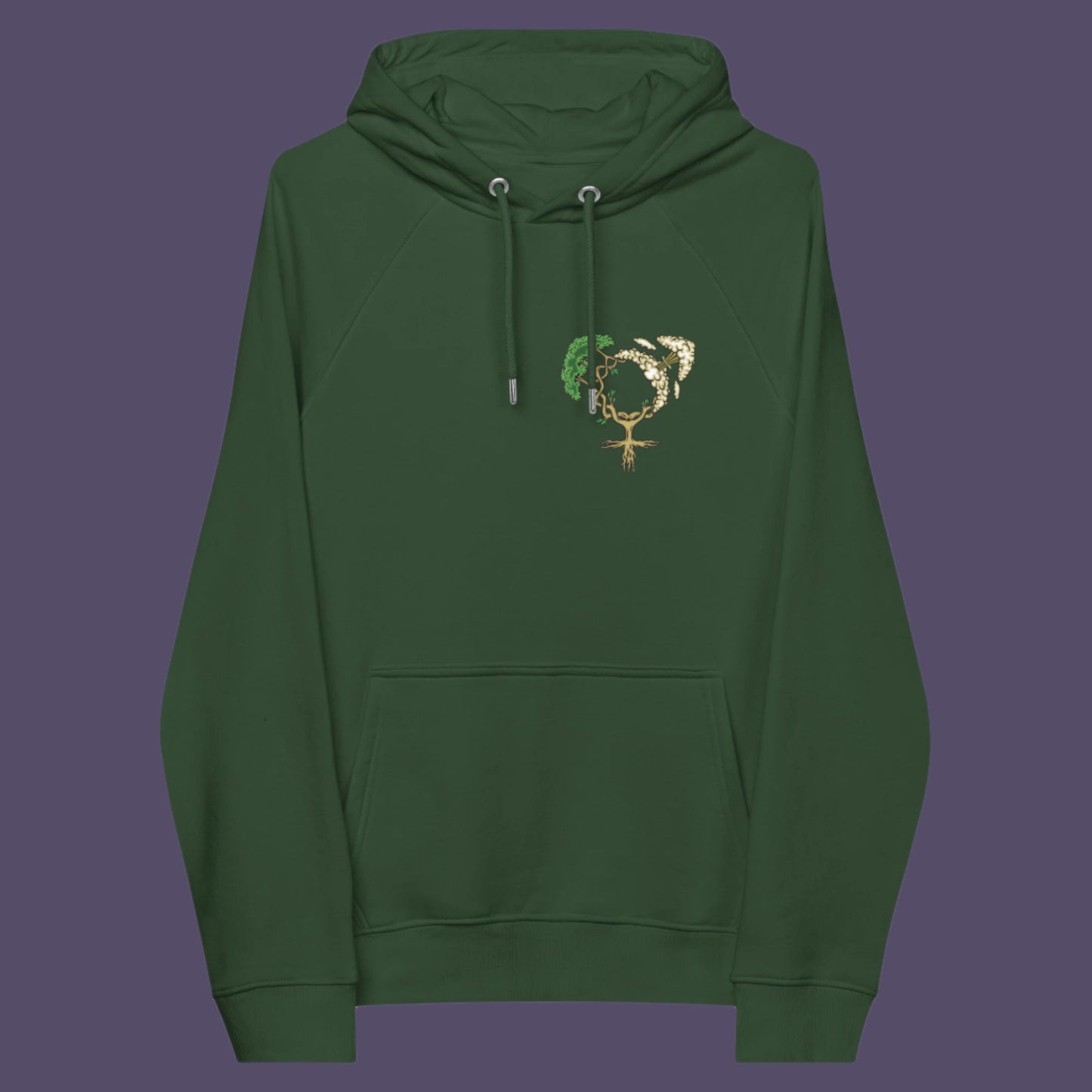 Bottle green hoodie front. A women's rights hoodie design that pays homage to women and promotes social awareness of how most destructive elements of humankind come from men. Women create life, men destroy it. Comfortable and practical. It's extra soft and has a convenient front pouch pocket. Made from organic cotton and recycled polyester, this women's rights hoodie is a great eco-friendly choice.