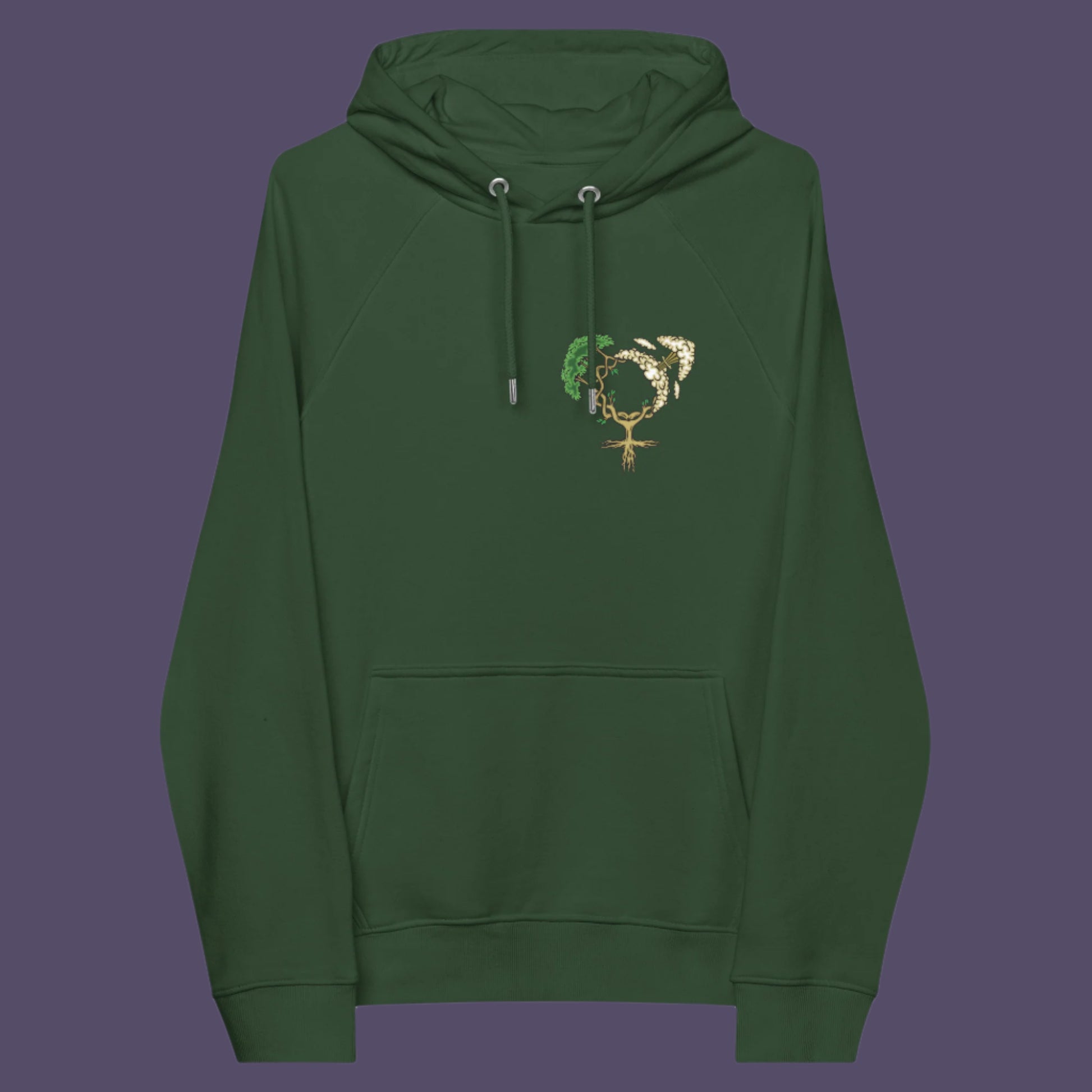 Bottle green hoodie front. A women's rights hoodie design that pays homage to women and promotes social awareness of how most destructive elements of humankind come from men. Women create life, men destroy it. Comfortable and practical. It's extra soft and has a convenient front pouch pocket. Made from organic cotton and recycled polyester, this women's rights hoodie is a great eco-friendly choice.