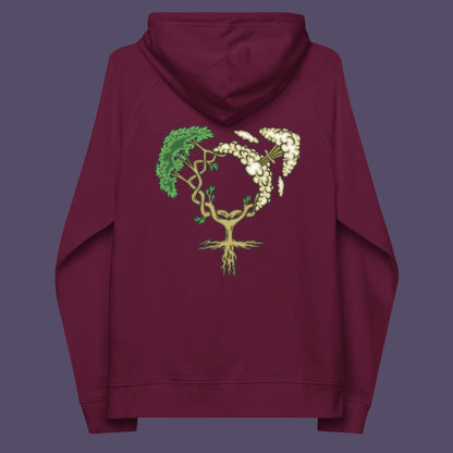Burgundy hoodie back. A women's rights hoodie design that pays homage to women and promotes social awareness of how most destructive elements of humankind come from men. Women create life, men destroy it. Comfortable and practical. It's extra soft and has a convenient front pouch pocket. Made from organic cotton and recycled polyester, this women's rights hoodie is a great eco-friendly choice.
