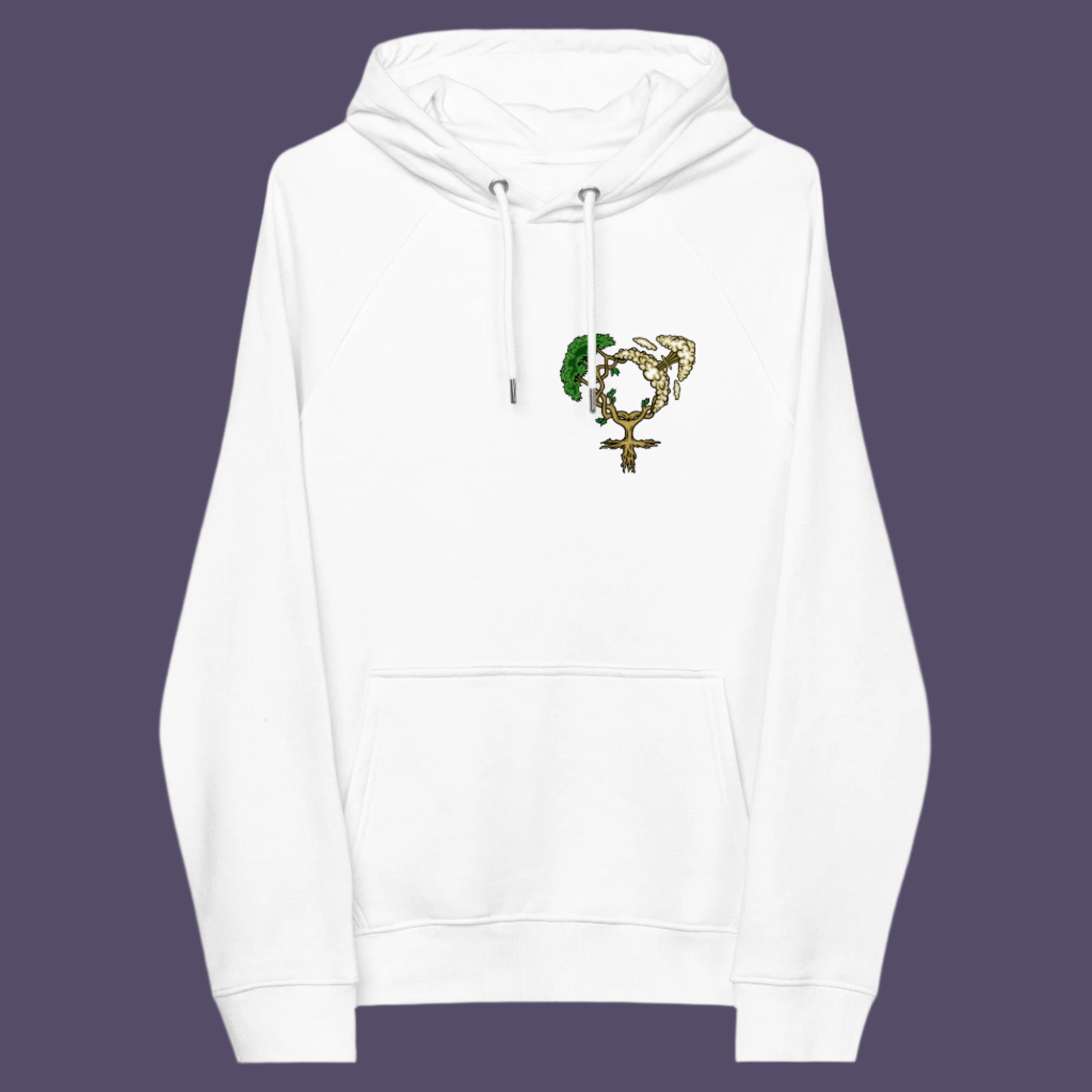 White hoodie front. A women's rights hoodie design that pays homage to women and promotes social awareness of how most destructive elements of humankind come from men. Women create life, men destroy it. Comfortable and practical. It's extra soft and has a convenient front pouch pocket. Made from organic cotton and recycled polyester, this women's rights hoodie is a great eco-friendly choice.