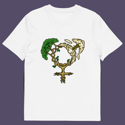 White t-shirt. A women's rights t-shirt design that pays homage to women and promotes social awareness of how most destructive elements of humankind come from men. Women create life, men destroy it. Made from 100% organic ring-spun cotton, this women power t-shirt is unisex, high-quality, super comfy, and best of all, eco-friendly.