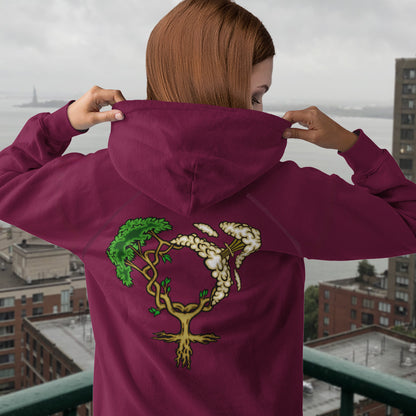 Person wearing a burgundy hoodie with a tree design on the back, standing against an urban background. A women's rights hoodie design that pays homage to women and promotes social awareness of how most destructive elements of humankind come from men. Women create life, men destroy it. Comfortable and practical. It's extra soft and has a convenient front pouch pocket. Made from organic cotton and recycled polyester, this women's rights hoodie is a great eco-friendly choice.