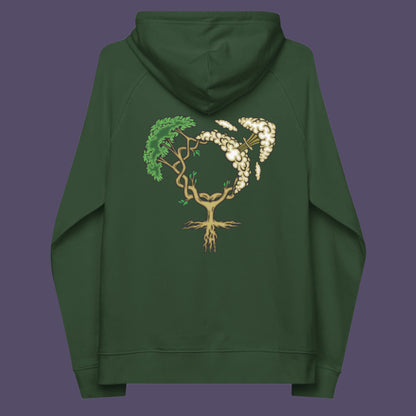 Bottle green hoodie back.  A women's rights hoodie design that pays homage to women and promotes social awareness of how most destructive elements of humankind come from men. Women create life, men destroy it. Comfortable and practical. It's extra soft and has a convenient front pouch pocket. Made from organic cotton and recycled polyester, this women's rights hoodie design is a great eco-friendly choice.