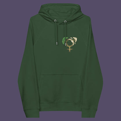 Bottle green hoodie front. A women's rights hoodie design that pays homage to women and promotes social awareness of how most destructive elements of humankind come from men. Women create life, men destroy it. Comfortable and practical. It's extra soft and has a convenient front pouch pocket. Made from organic cotton and recycled polyester, this women's rights hoodie design is a great eco-friendly choice.