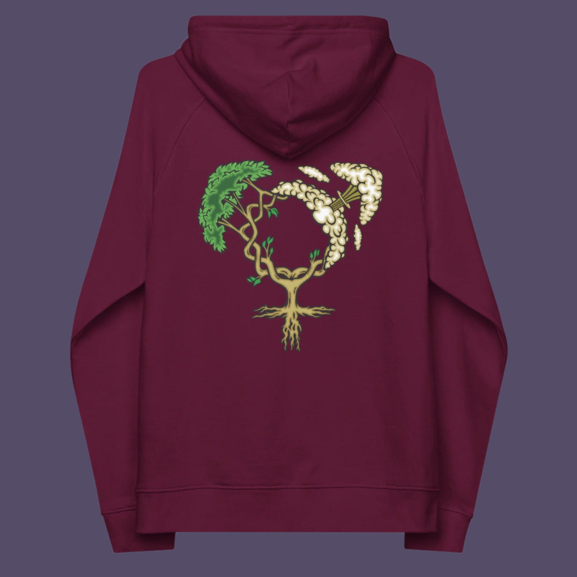 Burgundy hoodie back. A women's rights hoodie design that pays homage to women and promotes social awareness of how most destructive elements of humankind come from men. Women create life, men destroy it. Comfortable and practical. It's extra soft and has a convenient front pouch pocket. Made from organic cotton and recycled polyester, this women's rights hoodie design is a great eco-friendly choice.