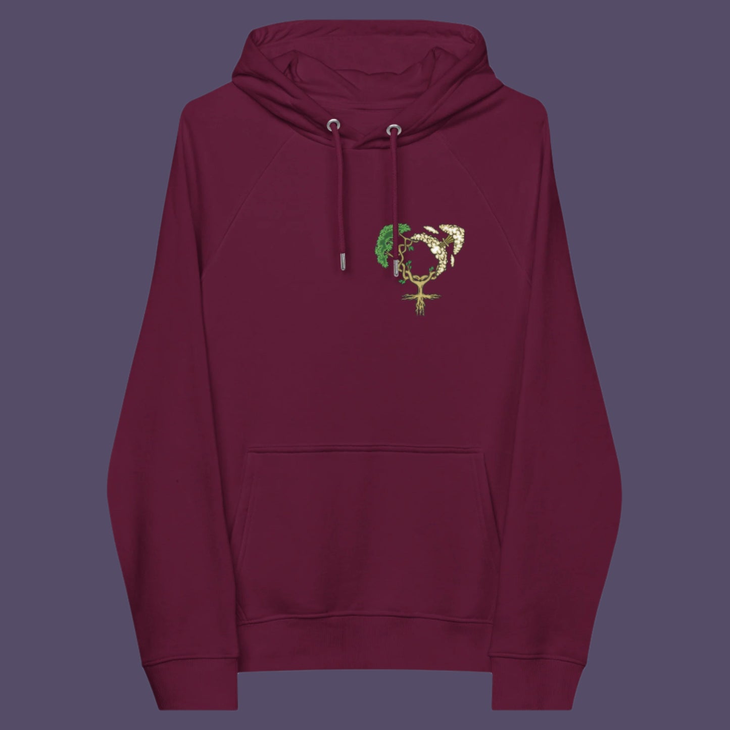 Burgundy hoodie front. A women's rights hoodie design that pays homage to women and promotes social awareness of how most destructive elements of humankind come from men. Women create life, men destroy it. Comfortable and practical. It's extra soft and has a convenient front pouch pocket. Made from organic cotton and recycled polyester, this women's rights hoodie design is a great eco-friendly choice.