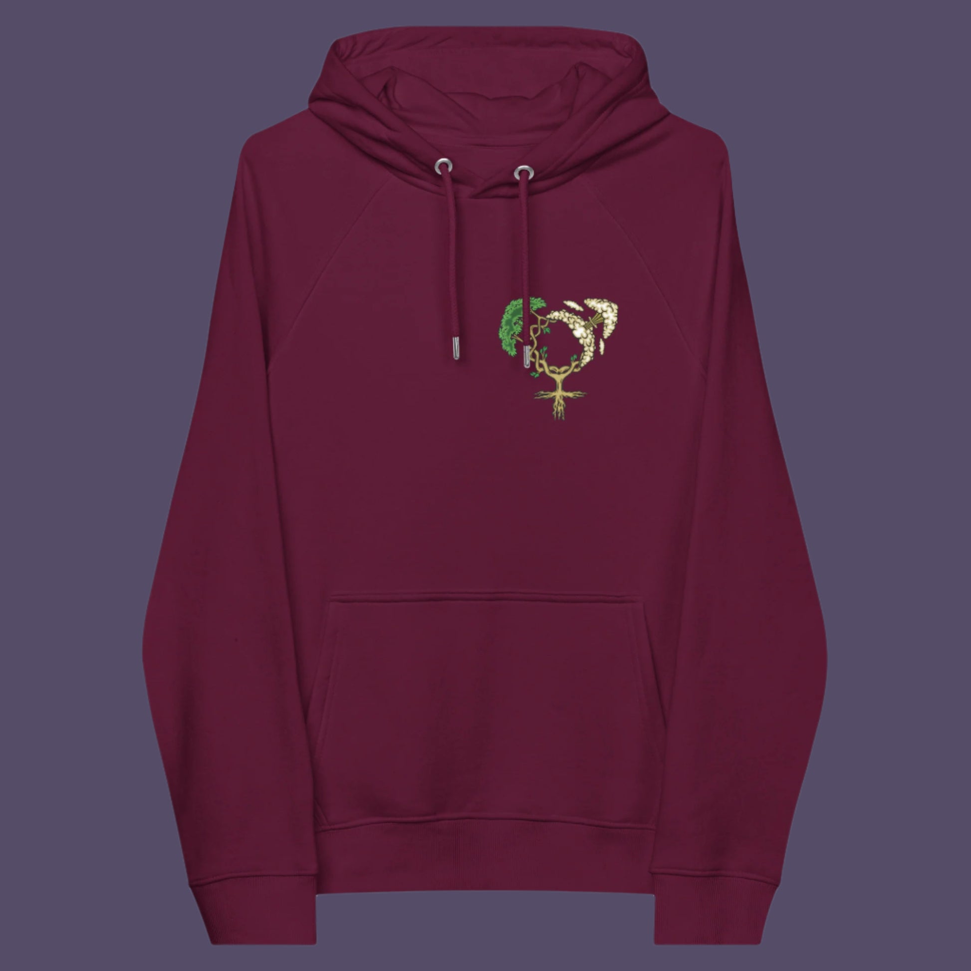 Burgundy hoodie front. A women's rights hoodie design that pays homage to women and promotes social awareness of how most destructive elements of humankind come from men. Women create life, men destroy it. Comfortable and practical. It's extra soft and has a convenient front pouch pocket. Made from organic cotton and recycled polyester, this women's rights hoodie design is a great eco-friendly choice.