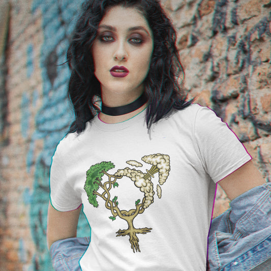 Woman wearing a white t-shirt with a unique design against a textured wall. A women's rights t-shirt design that pays homage to women and promotes social awareness of how most destructive elements of humankind come from men. Women create life, men destroy it. Made from 100% organic ring-spun cotton, this women power t-shirt is unisex, high-quality, super comfy, and best of all, eco-friendly.