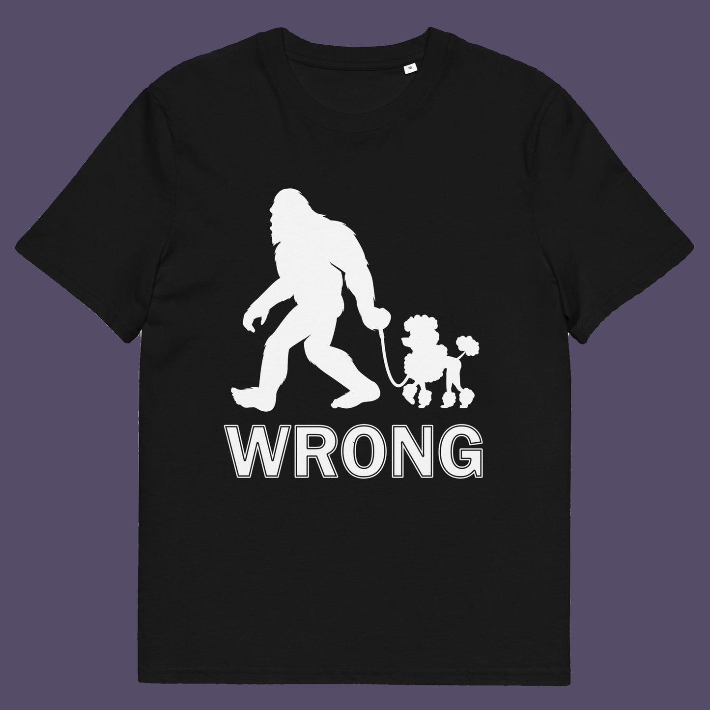 Black t-shirt. A funny Bigfoot t-shirt questioning the limits of acceptability. A poodle will never be the dog of choice for the Bigfoot. However open minded you are there are some things that will never look right. Made from 100% organic ring-spun cotton, this bigfoot t-shirt is unisex, high-quality, super comfy, and best of all, eco-friendly.