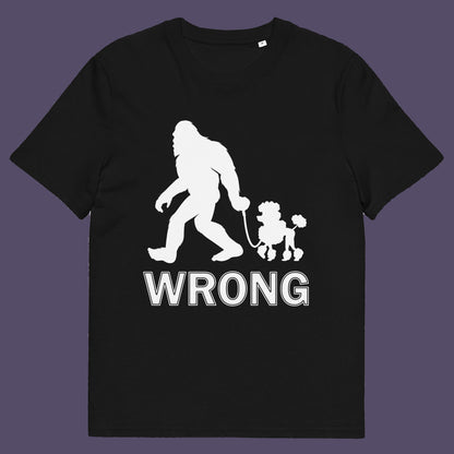 Black t-shirt. A funny Bigfoot t-shirt questioning the limits of acceptability. A poodle will never be the dog of choice for the Bigfoot. However open minded you are there are some things that will never look right. Made from 100% organic ring-spun cotton, this bigfoot t-shirt is unisex, high-quality, super comfy, and best of all, eco-friendly.